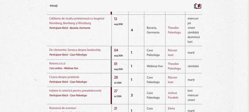 The live course calendar on paleologu.com: every course with its start date, venue, lecturer, and meeting days